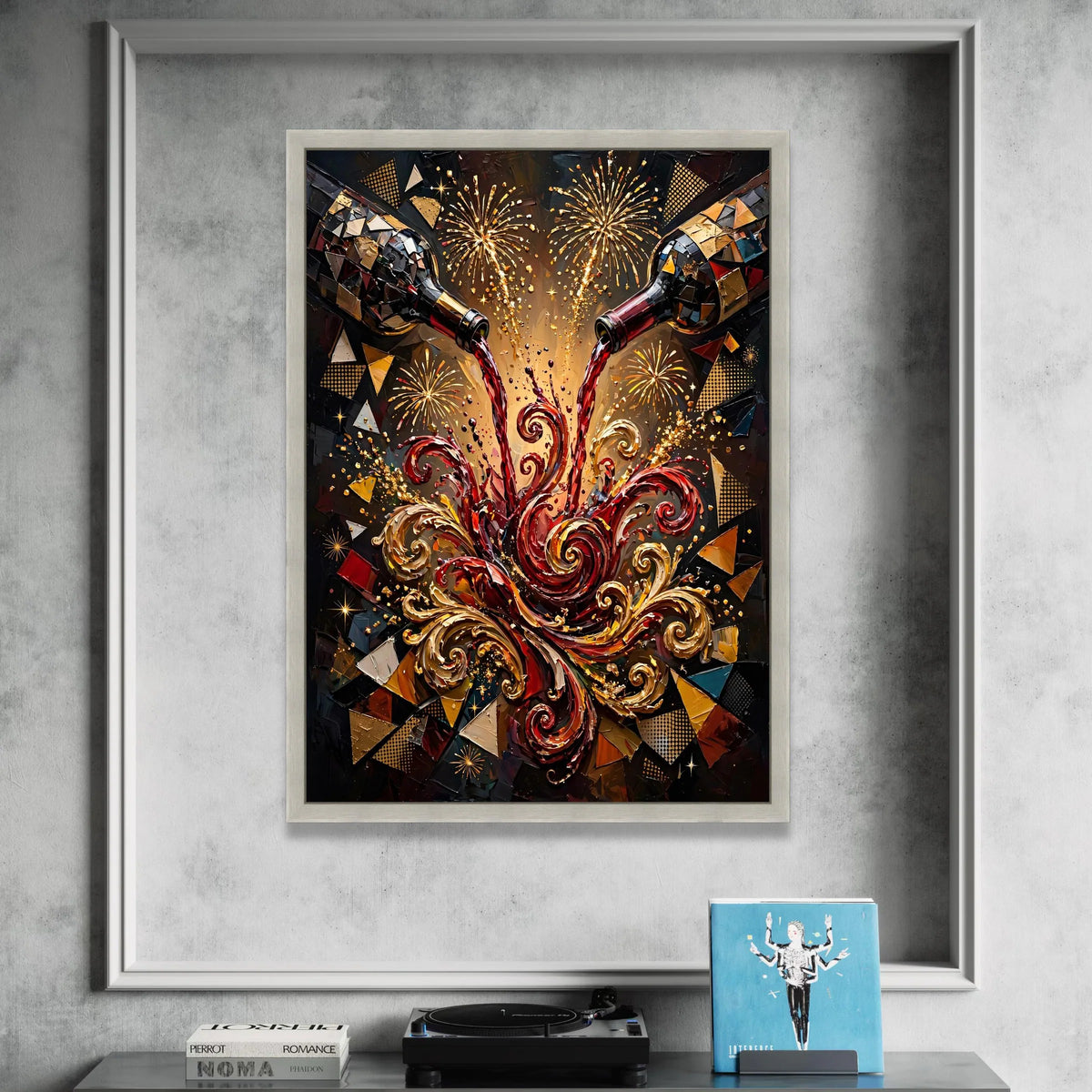 Sparkling Celebration Wine Splash Canvas, Festive Red Wine Art, Swirling Pour Design, Fireworks Background Wall Decor, Canvas Print Art