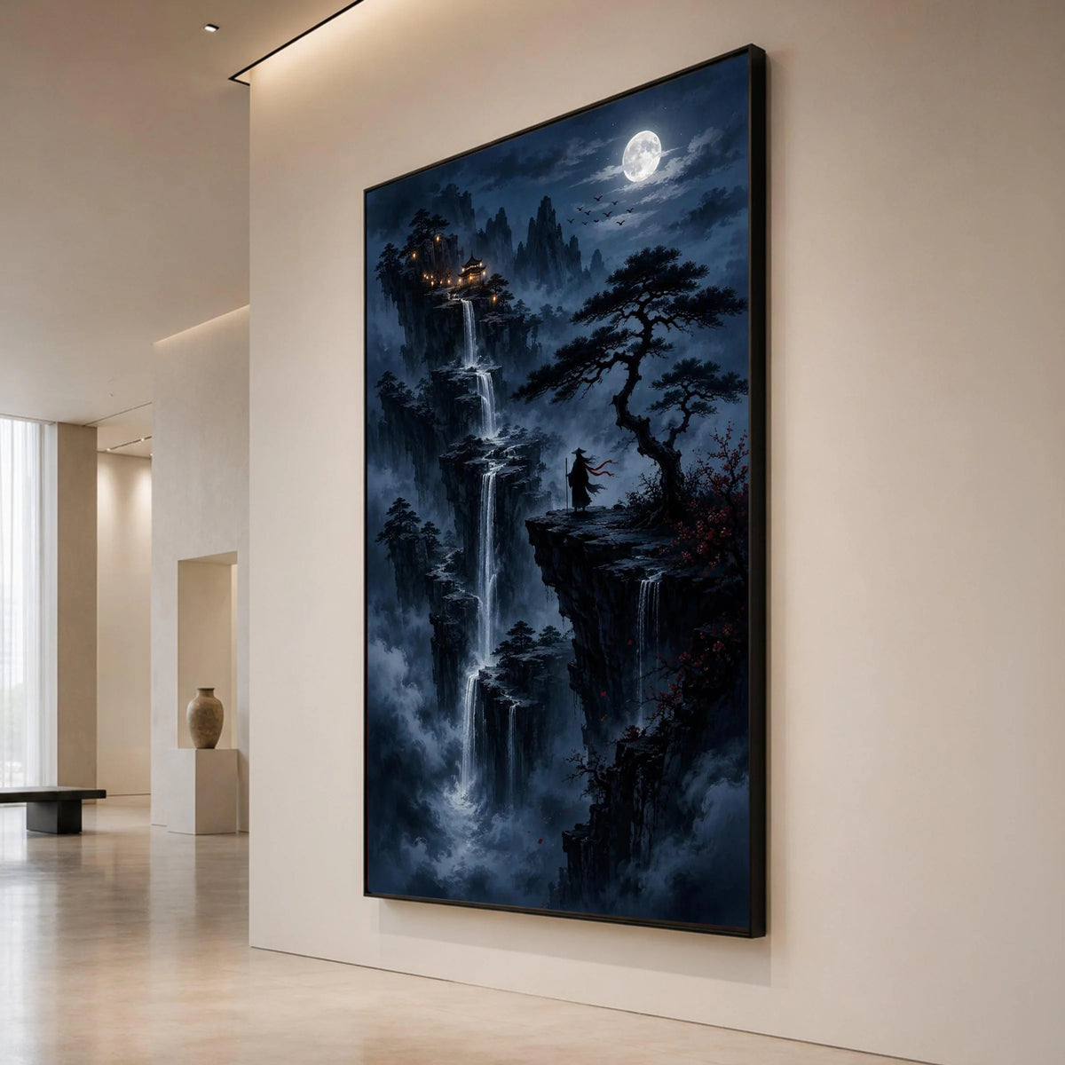 Mystical Mountain Waterfalls at Night Canvas, Asian Pagoda View, Moonlit Landscape Wall Art, Wanderer Silhouette Artwork, Canvas Print Art