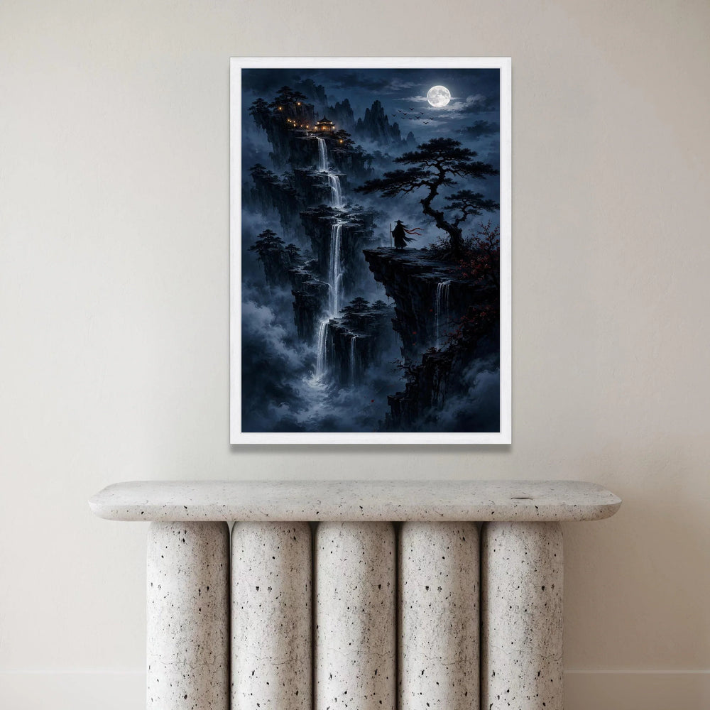 Mystical Mountain Waterfalls at Night Canvas, Asian Pagoda View, Moonlit Landscape Wall Art, Wanderer Silhouette Artwork, Canvas Print Art