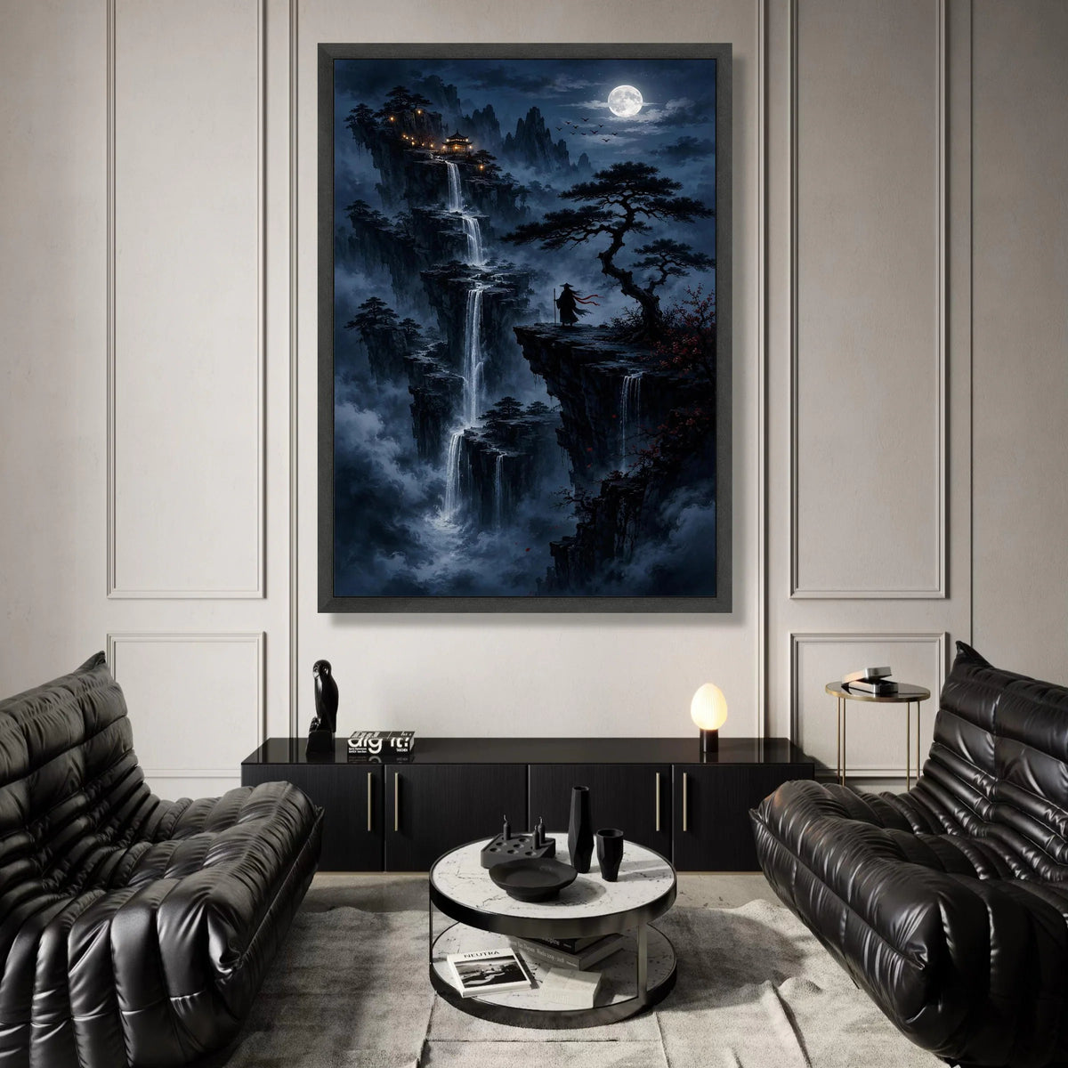 Mystical Mountain Waterfalls at Night Canvas, Asian Pagoda View, Moonlit Landscape Wall Art, Wanderer Silhouette Artwork, Canvas Print Art