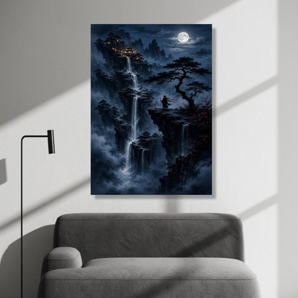 Mystical Mountain Waterfalls at Night Canvas, Asian Pagoda View, Moonlit Landscape Wall Art, Wanderer Silhouette Artwork, Canvas Print Art