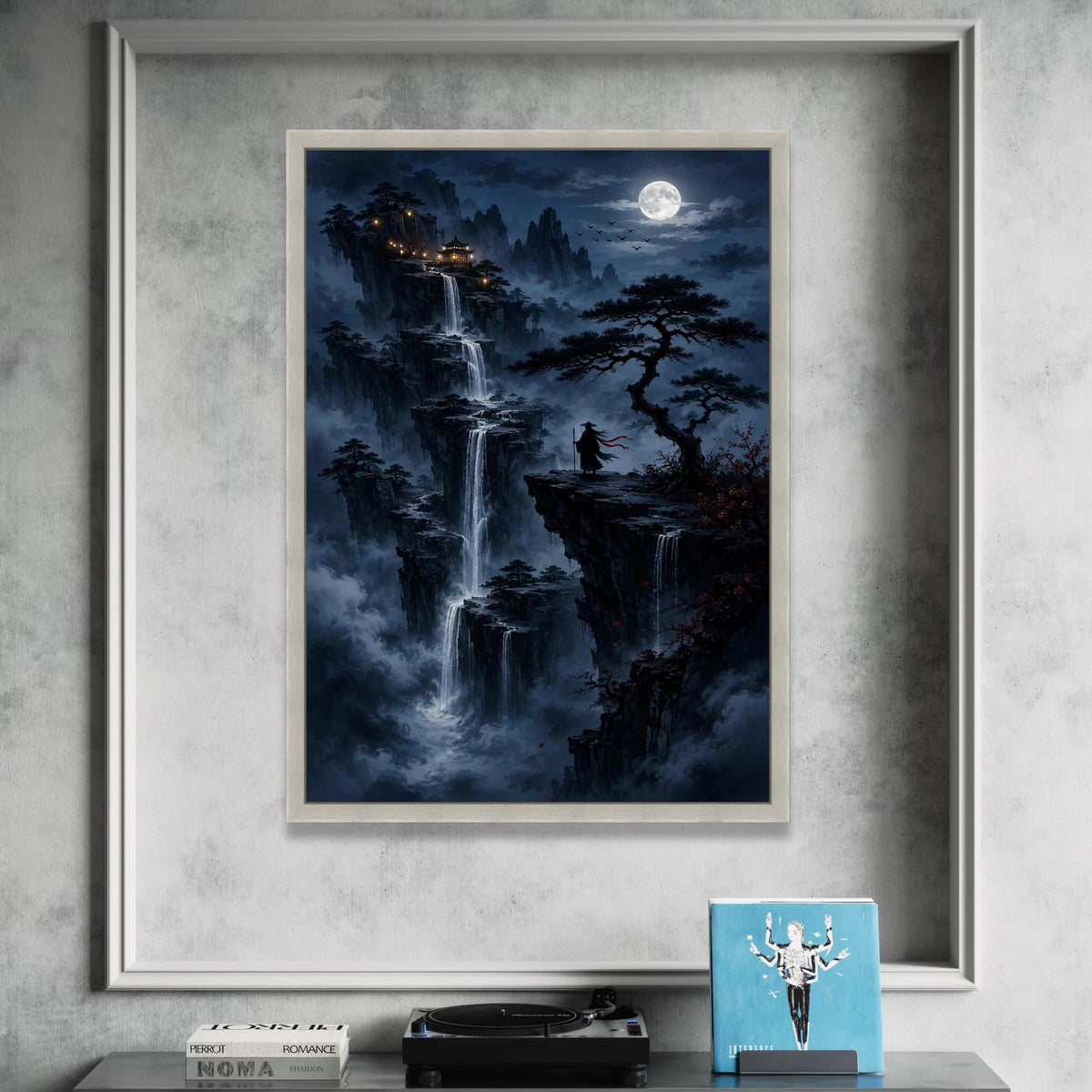 Mystical Mountain Waterfalls at Night Canvas, Asian Pagoda View, Moonlit Landscape Wall Art, Wanderer Silhouette Artwork, Canvas Print Art