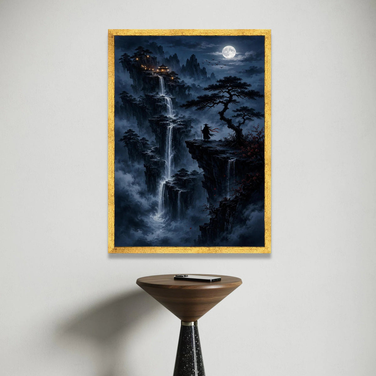 Mystical Mountain Waterfalls at Night Canvas, Asian Pagoda View, Moonlit Landscape Wall Art, Wanderer Silhouette Artwork, Canvas Print Art