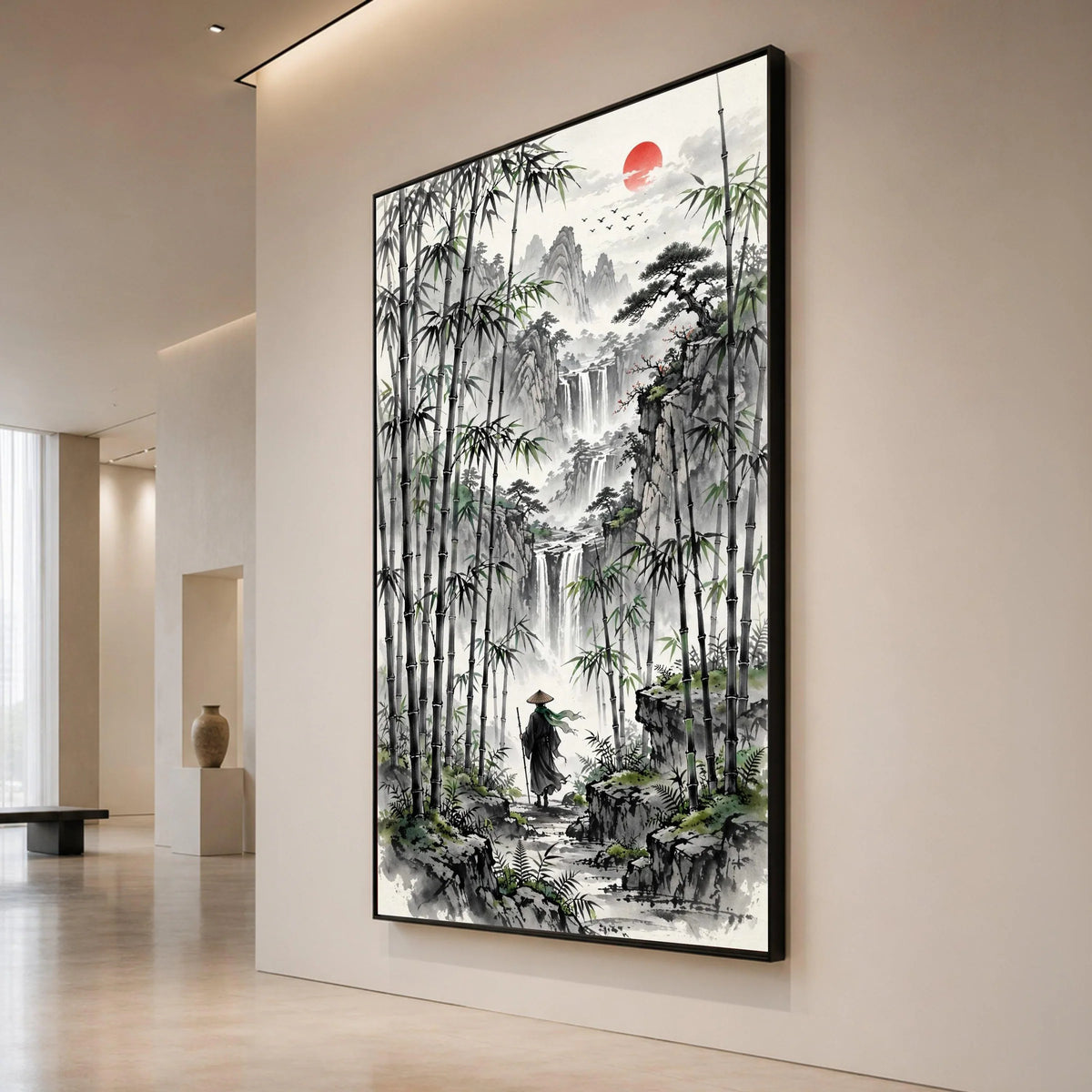Serene Bamboo Forest Walk, Asian Landscape Canvas, Waterfall Mountain View, Red Sun Wall Art, Zen Nature Decoration, Canvas Print Art