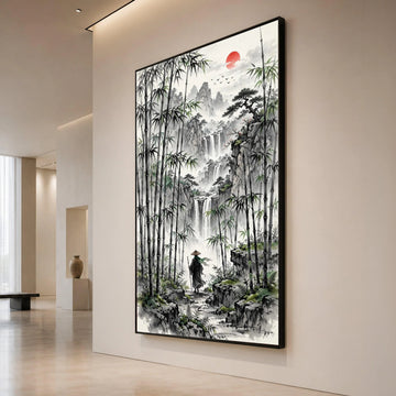 Serene Bamboo Forest Walk, Asian Landscape Canvas, Waterfall Mountain View, Red Sun Wall Art, Zen Nature Decoration, Canvas Print Art