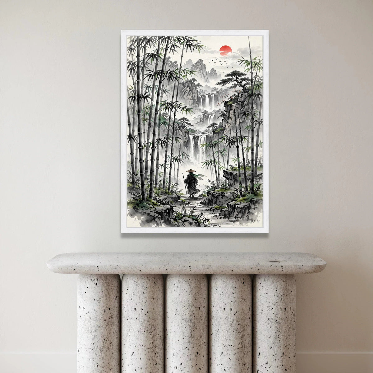 Serene Bamboo Forest Walk, Asian Landscape Canvas, Waterfall Mountain View, Red Sun Wall Art, Zen Nature Decoration, Canvas Print Art