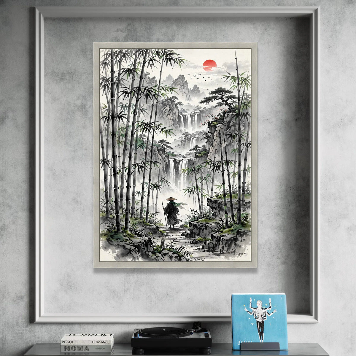 Serene Bamboo Forest Walk, Asian Landscape Canvas, Waterfall Mountain View, Red Sun Wall Art, Zen Nature Decoration, Canvas Print Art