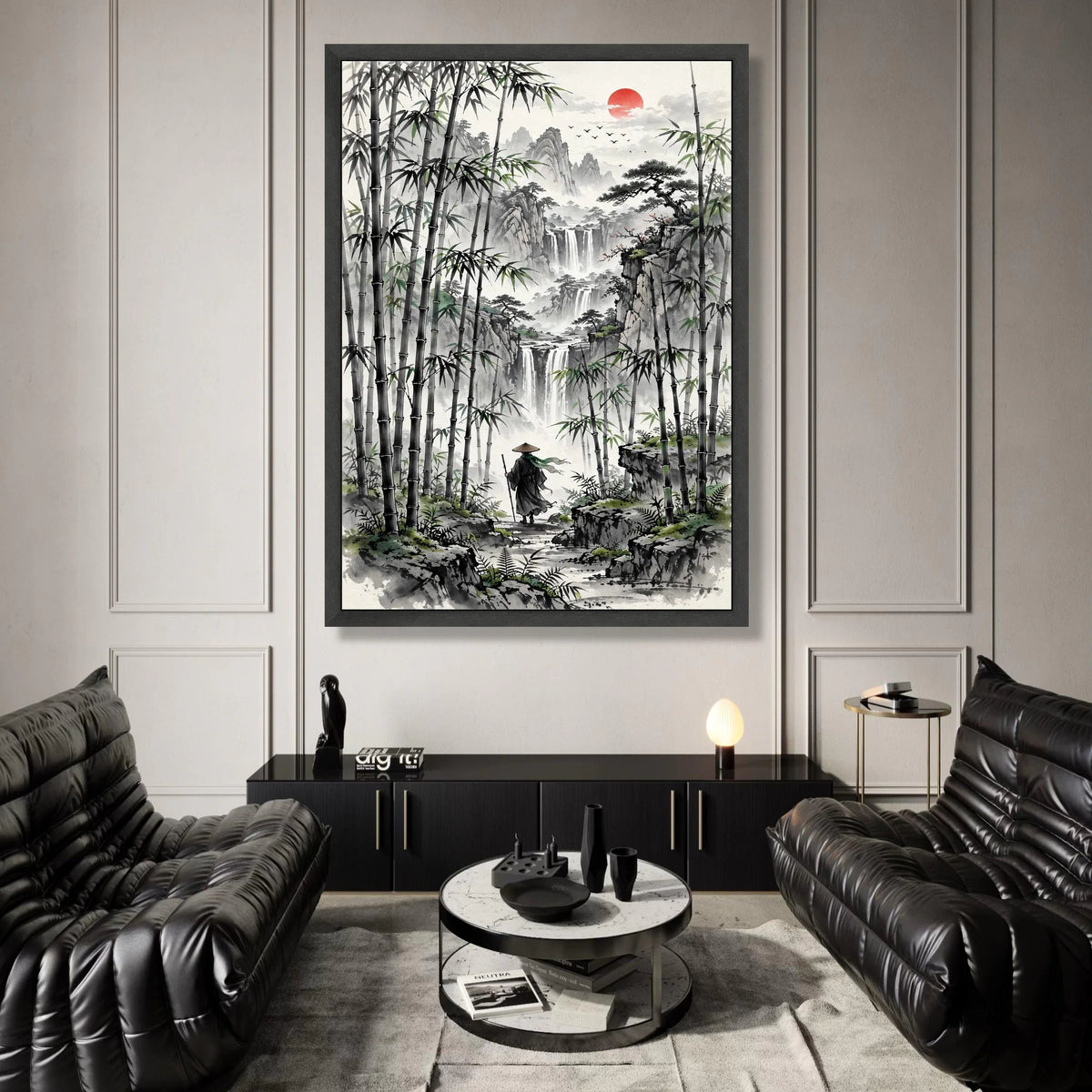 Serene Bamboo Forest Walk, Asian Landscape Canvas, Waterfall Mountain View, Red Sun Wall Art, Zen Nature Decoration, Canvas Print Art