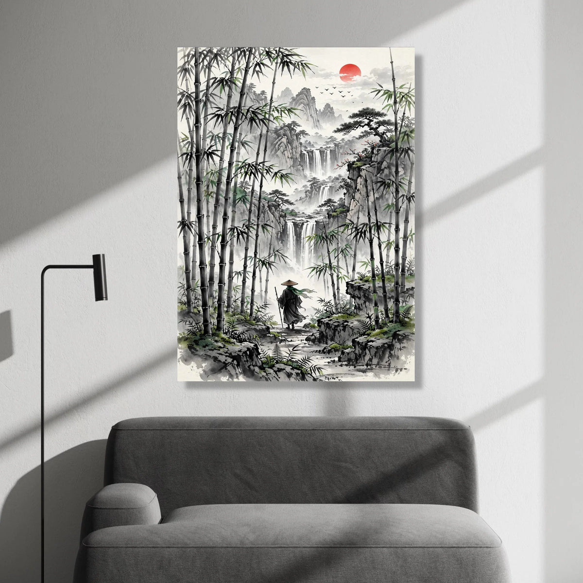 Serene Bamboo Forest Walk, Asian Landscape Canvas, Waterfall Mountain View, Red Sun Wall Art, Zen Nature Decoration, Canvas Print Art