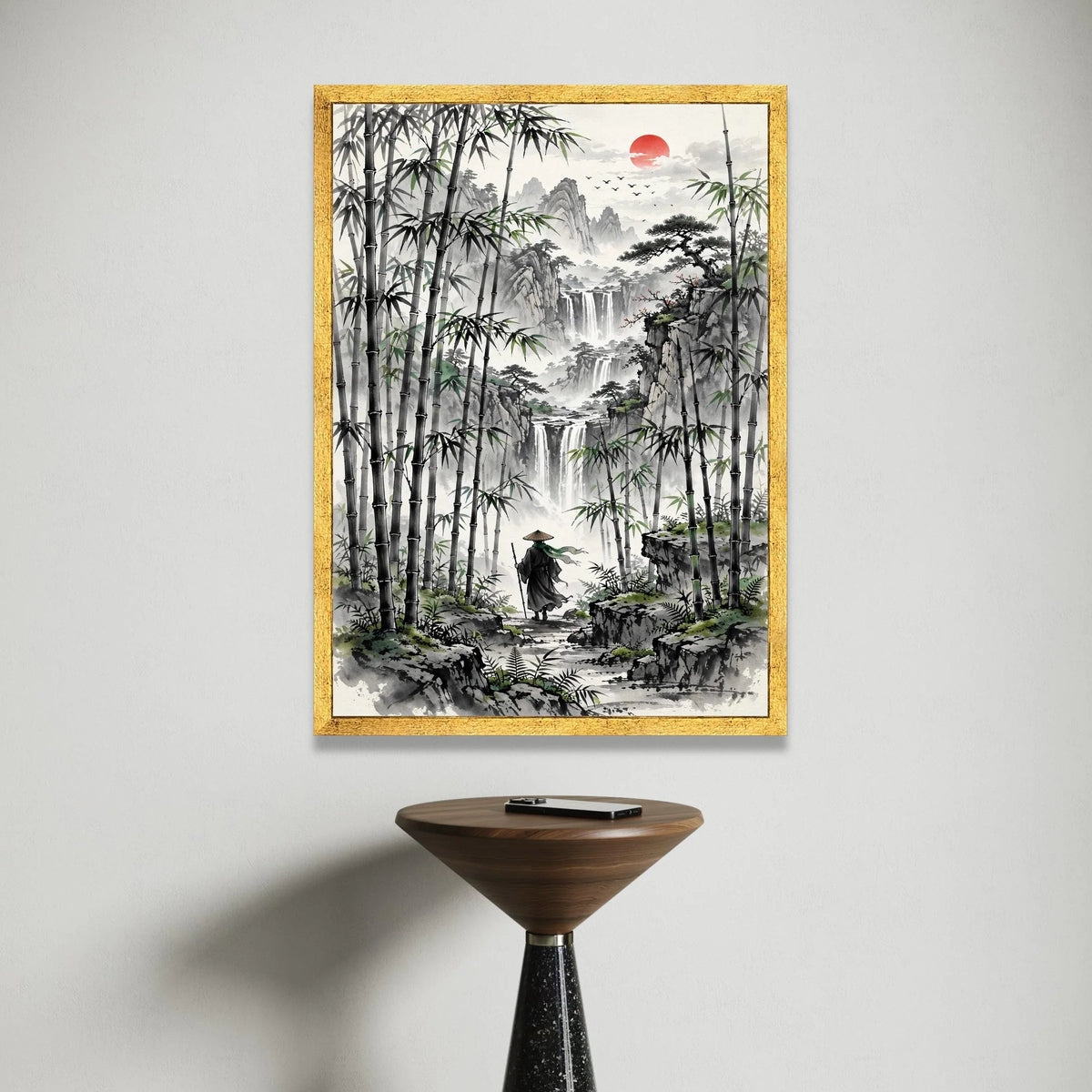 Serene Bamboo Forest Walk, Asian Landscape Canvas, Waterfall Mountain View, Red Sun Wall Art, Zen Nature Decoration, Canvas Print Art