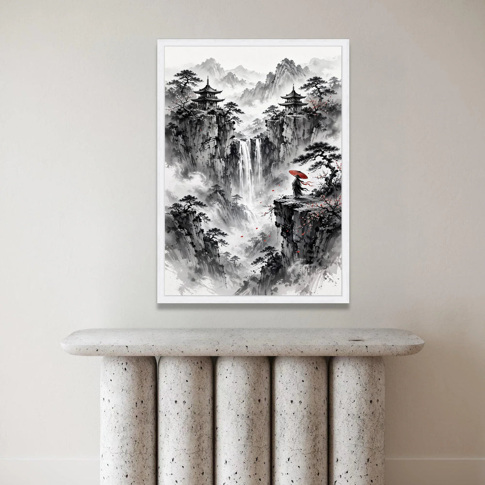 Misty Mountain Waterfall Canvas, Asian Pagoda Landscape Wall Art, Traditional Ink Painting Style, Zen Nature Scene Canvas Canvas Print Art