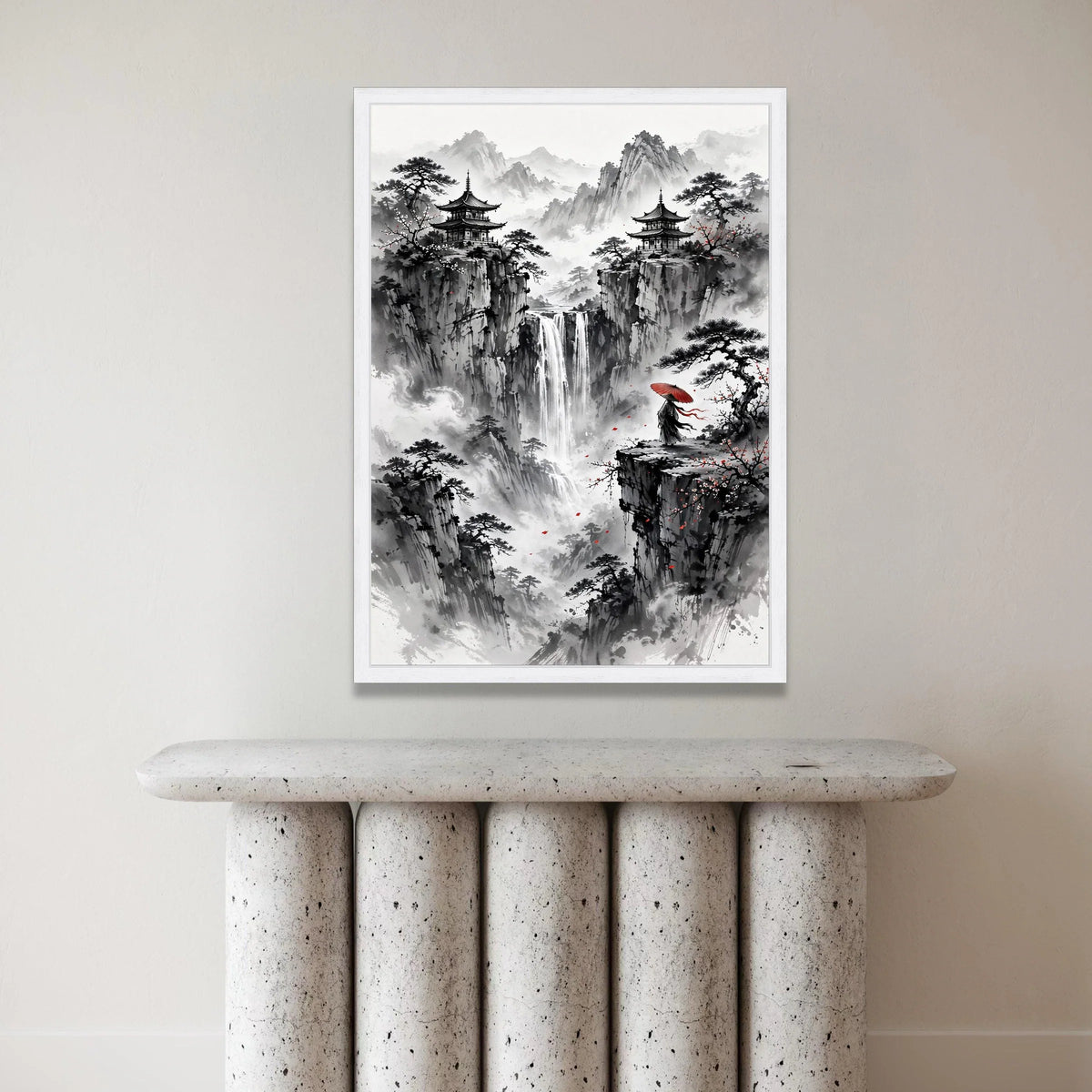 Misty Mountain Waterfall Canvas, Asian Pagoda Landscape Wall Art, Traditional Ink Painting Style, Zen Nature Scene Canvas Canvas Print Art