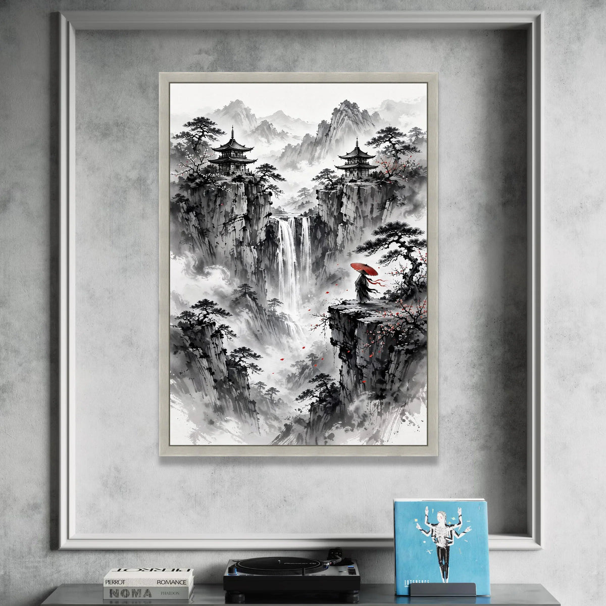 Misty Mountain Waterfall Canvas, Asian Pagoda Landscape Wall Art, Traditional Ink Painting Style, Zen Nature Scene Canvas Canvas Print Art