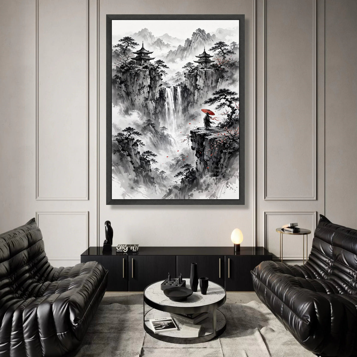 Misty Mountain Waterfall Canvas, Asian Pagoda Landscape Wall Art, Traditional Ink Painting Style, Zen Nature Scene Canvas Canvas Print Art