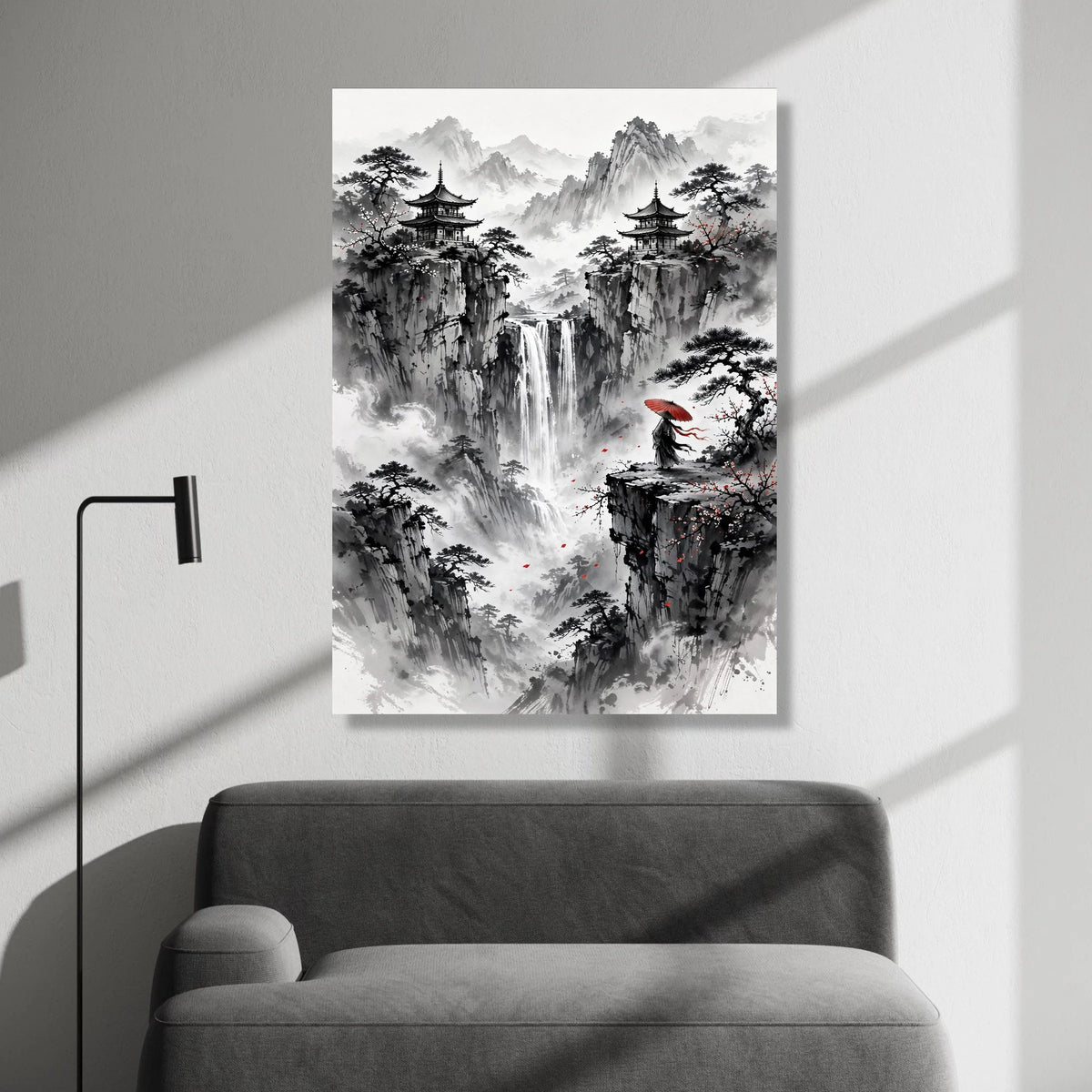 Misty Mountain Waterfall Canvas, Asian Pagoda Landscape Wall Art, Traditional Ink Painting Style, Zen Nature Scene Canvas Canvas Print Art