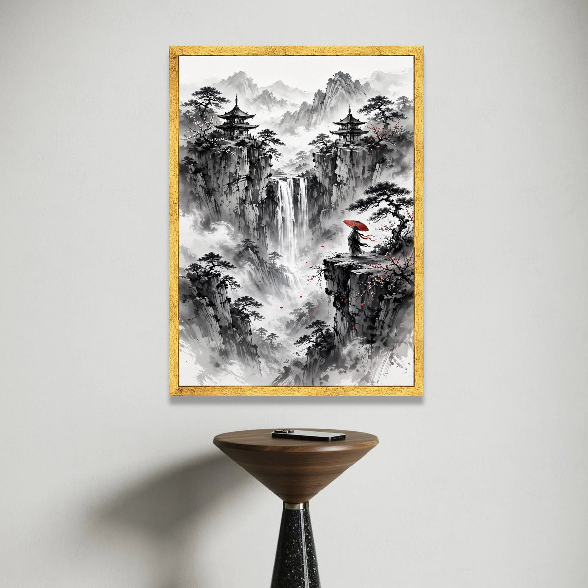 Misty Mountain Waterfall Canvas, Asian Pagoda Landscape Wall Art, Traditional Ink Painting Style, Zen Nature Scene Canvas Canvas Print Art