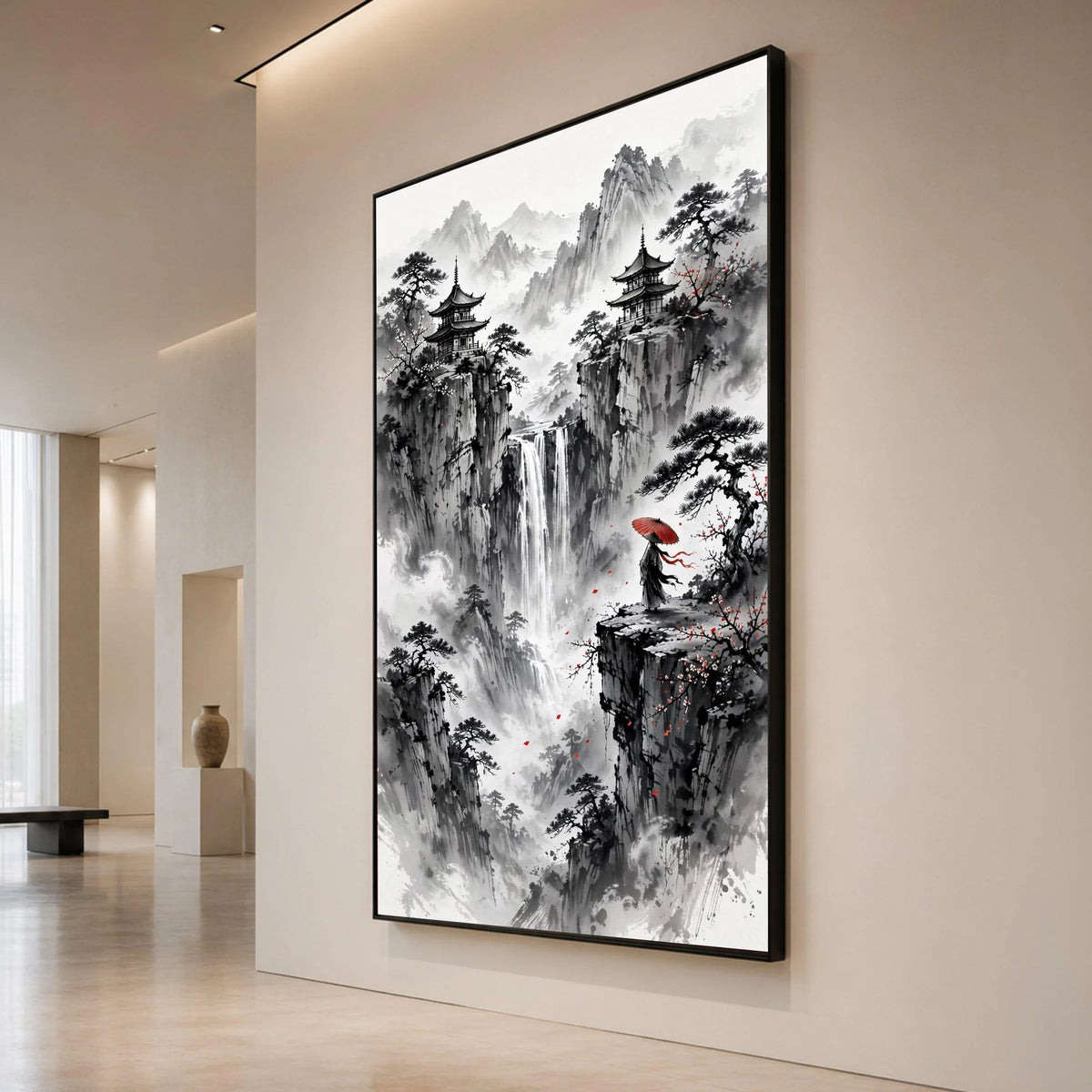 Misty Mountain Waterfall Canvas, Asian Pagoda Landscape Wall Art, Traditional Ink Painting Style, Zen Nature Scene Canvas Canvas Print Art