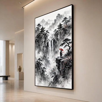 Misty Mountain Waterfall Canvas, Asian Pagoda Landscape Wall Art, Traditional Ink Painting Style, Zen Nature Scene Canvas Canvas Print Art