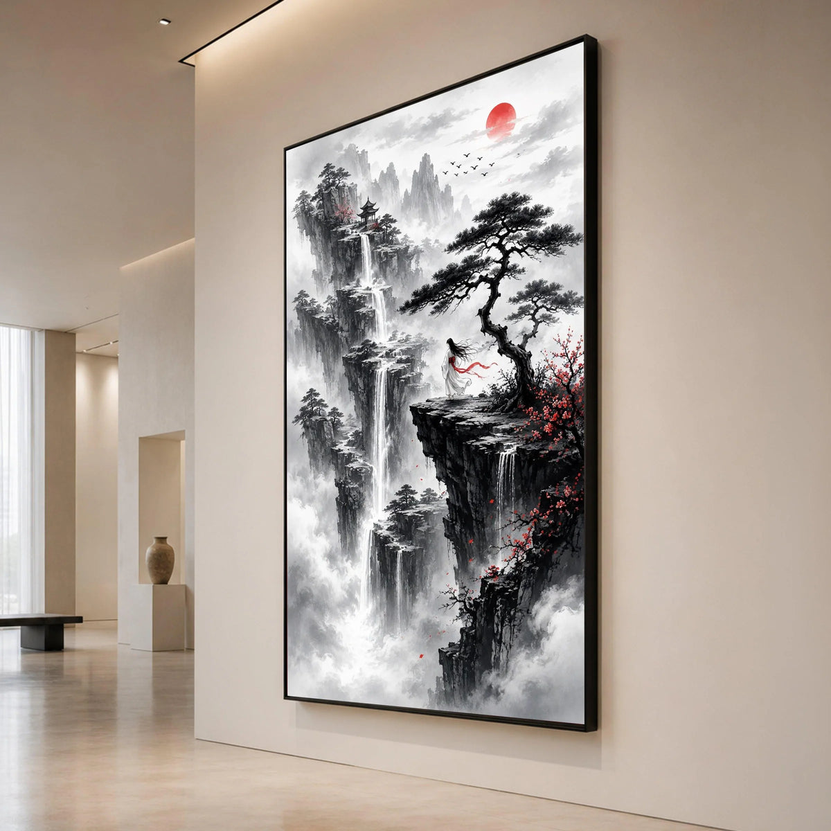 Mystical Asian Landscape Canvas, Waterfall Cliff View, Woman Flowing Robe, Red Sun Sunrise, Oriental Mountain Wall Art, Zen Canvas Print Art