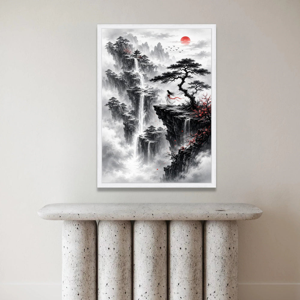 Mystical Asian Landscape Canvas, Waterfall Cliff View, Woman Flowing Robe, Red Sun Sunrise, Oriental Mountain Wall Art, Zen Canvas Print Art