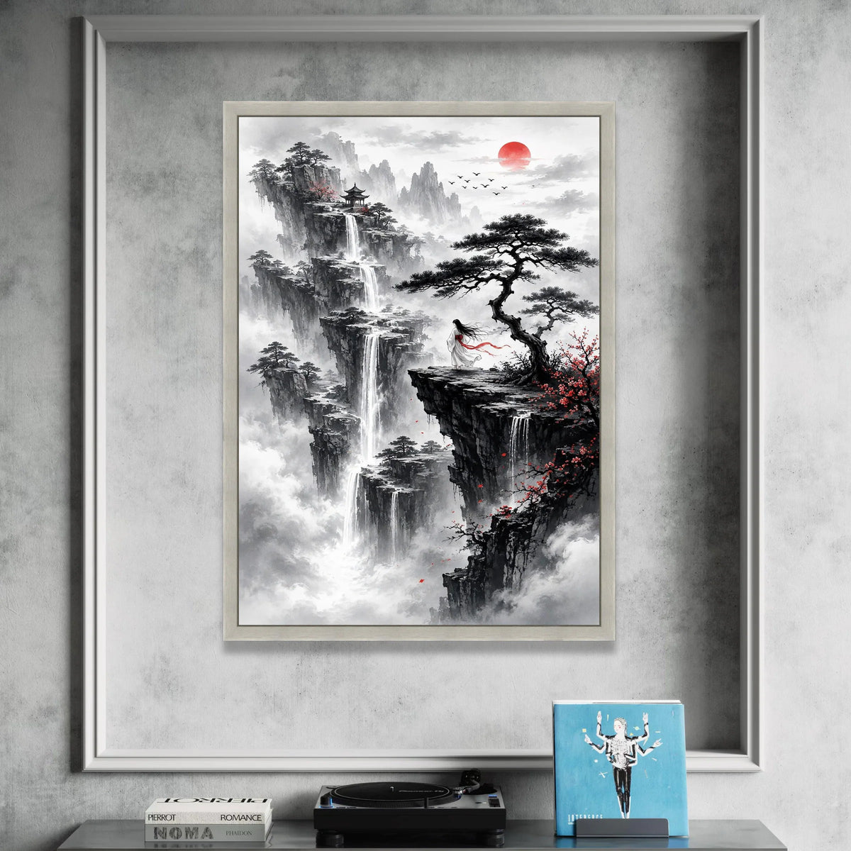 Mystical Asian Landscape Canvas, Waterfall Cliff View, Woman Flowing Robe, Red Sun Sunrise, Oriental Mountain Wall Art, Zen Canvas Print Art