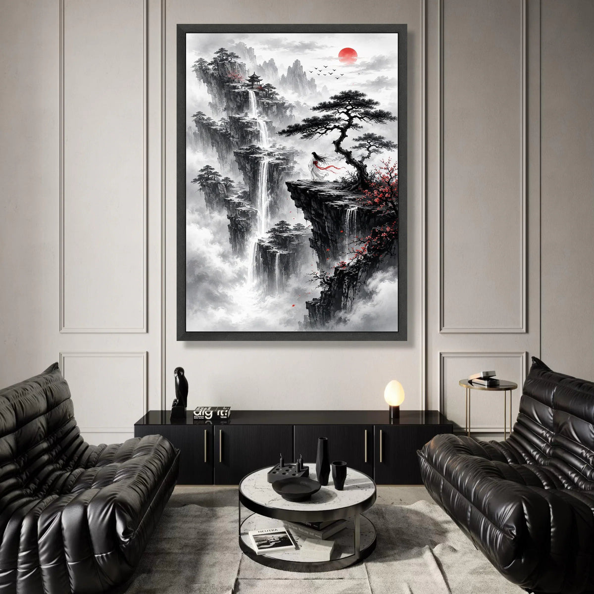 Mystical Asian Landscape Canvas, Waterfall Cliff View, Woman Flowing Robe, Red Sun Sunrise, Oriental Mountain Wall Art, Zen Canvas Print Art