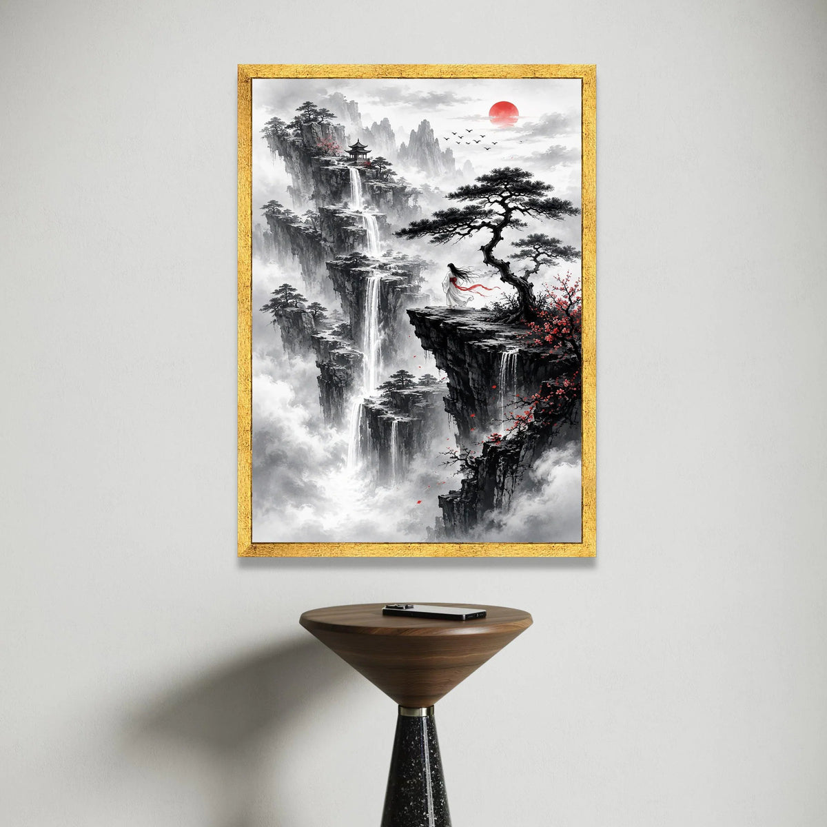 Mystical Asian Landscape Canvas, Waterfall Cliff View, Woman Flowing Robe, Red Sun Sunrise, Oriental Mountain Wall Art, Zen Canvas Print Art