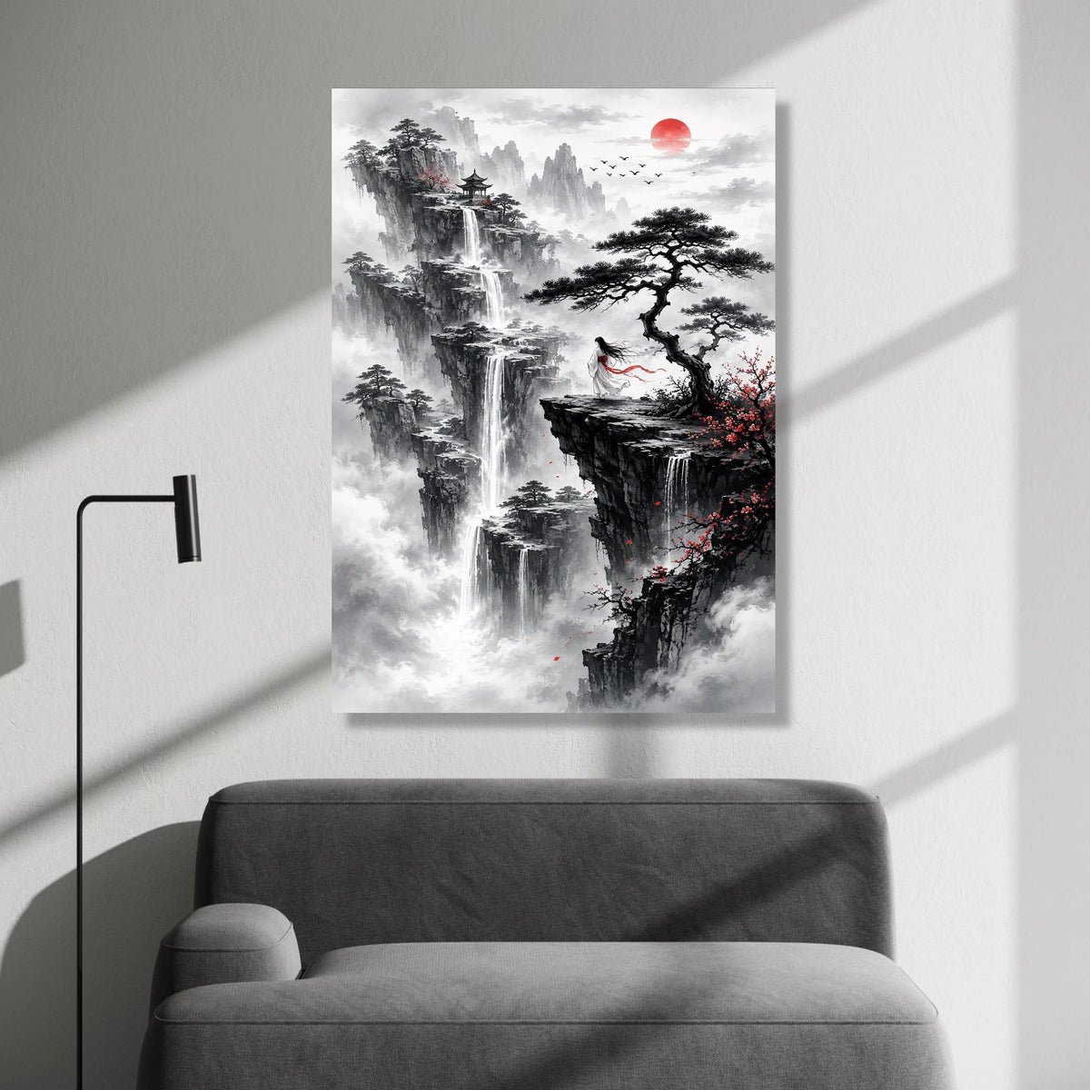 Mystical Asian Landscape Canvas, Waterfall Cliff View, Woman Flowing Robe, Red Sun Sunrise, Oriental Mountain Wall Art, Zen Canvas Print Art