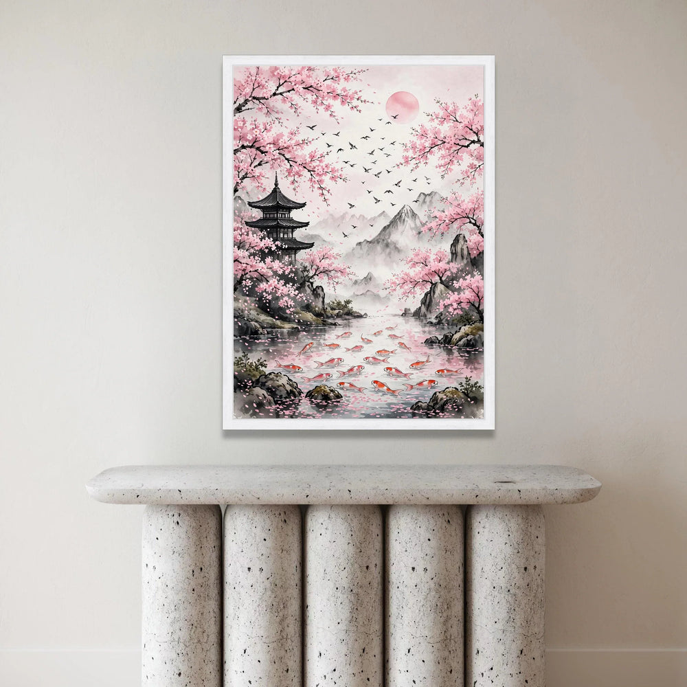 Serene Cherry Blossom Landscape, Japanese Pagoda Canvas, Koi Fish Pond Wall Art, Mountain Nature Scene, Tranquil Home Decor Canvas Print Art