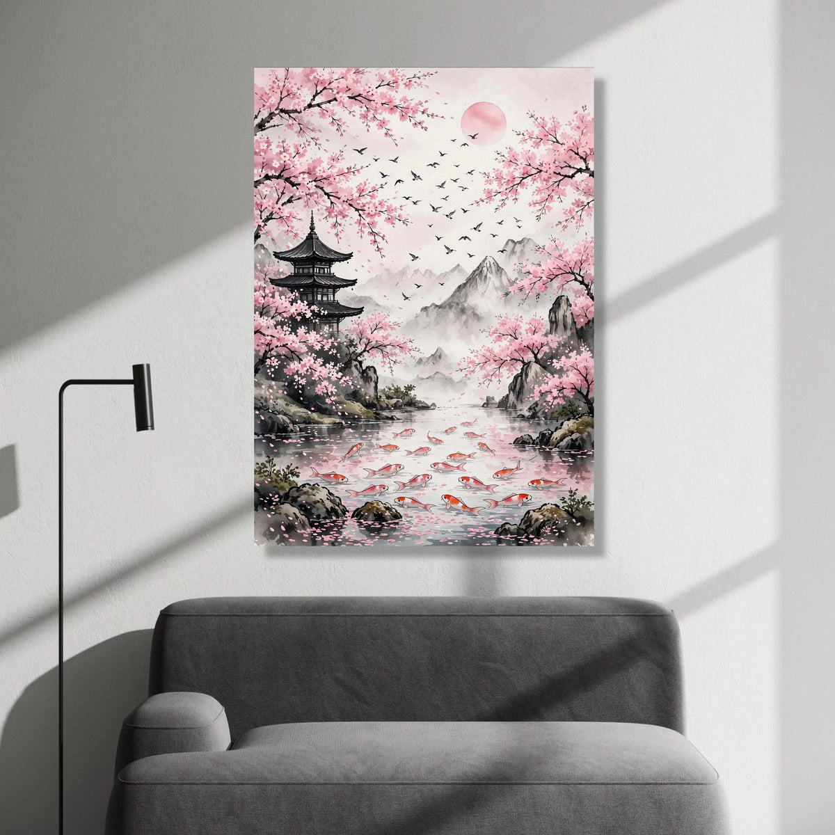 Serene Cherry Blossom Landscape, Japanese Pagoda Canvas, Koi Fish Pond Wall Art, Mountain Nature Scene, Tranquil Home Decor Canvas Print Art