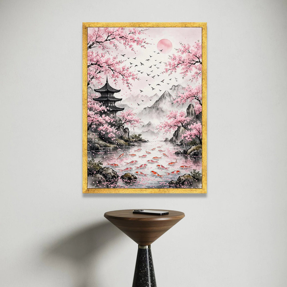 Serene Cherry Blossom Landscape, Japanese Pagoda Canvas, Koi Fish Pond Wall Art, Mountain Nature Scene, Tranquil Home Decor Canvas Print Art