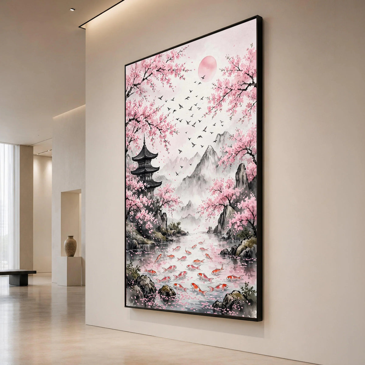 Serene Cherry Blossom Landscape, Japanese Pagoda Canvas, Koi Fish Pond Wall Art, Mountain Nature Scene, Tranquil Home Decor Canvas Print Art