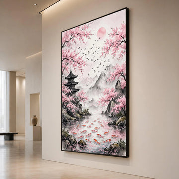 Serene Cherry Blossom Landscape, Japanese Pagoda Canvas, Koi Fish Pond Wall Art, Mountain Nature Scene, Tranquil Home Decor Canvas Print Art