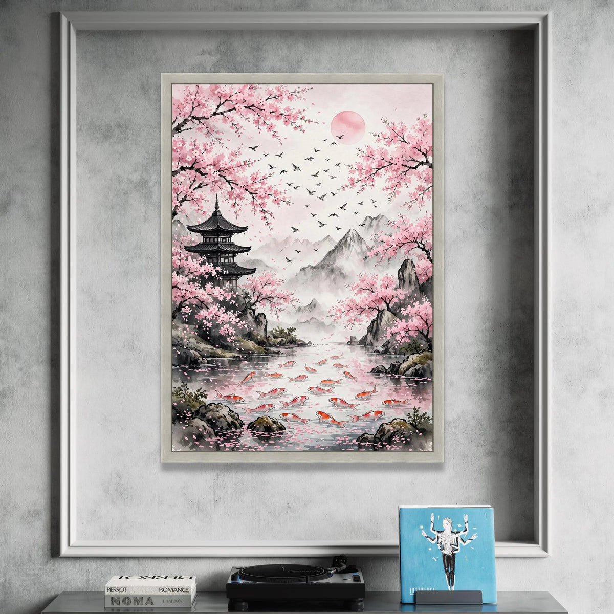 Serene Cherry Blossom Landscape, Japanese Pagoda Canvas, Koi Fish Pond Wall Art, Mountain Nature Scene, Tranquil Home Decor Canvas Print Art
