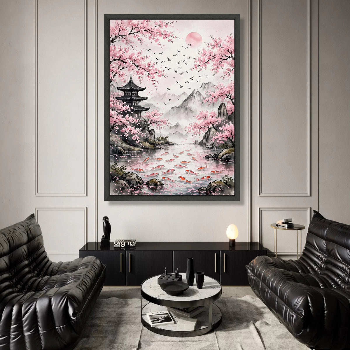 Serene Cherry Blossom Landscape, Japanese Pagoda Canvas, Koi Fish Pond Wall Art, Mountain Nature Scene, Tranquil Home Decor Canvas Print Art