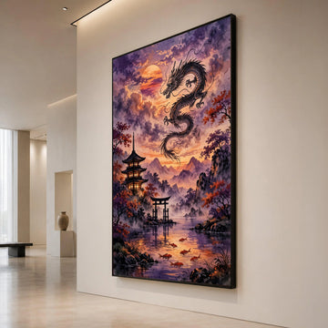 Majestic Dragon Sunset, Japanese Pagoda Canvas, Serene Koi Fish Lake, Asian Landscape Wall Art, Traditional Nature Scene Canvas Print Art