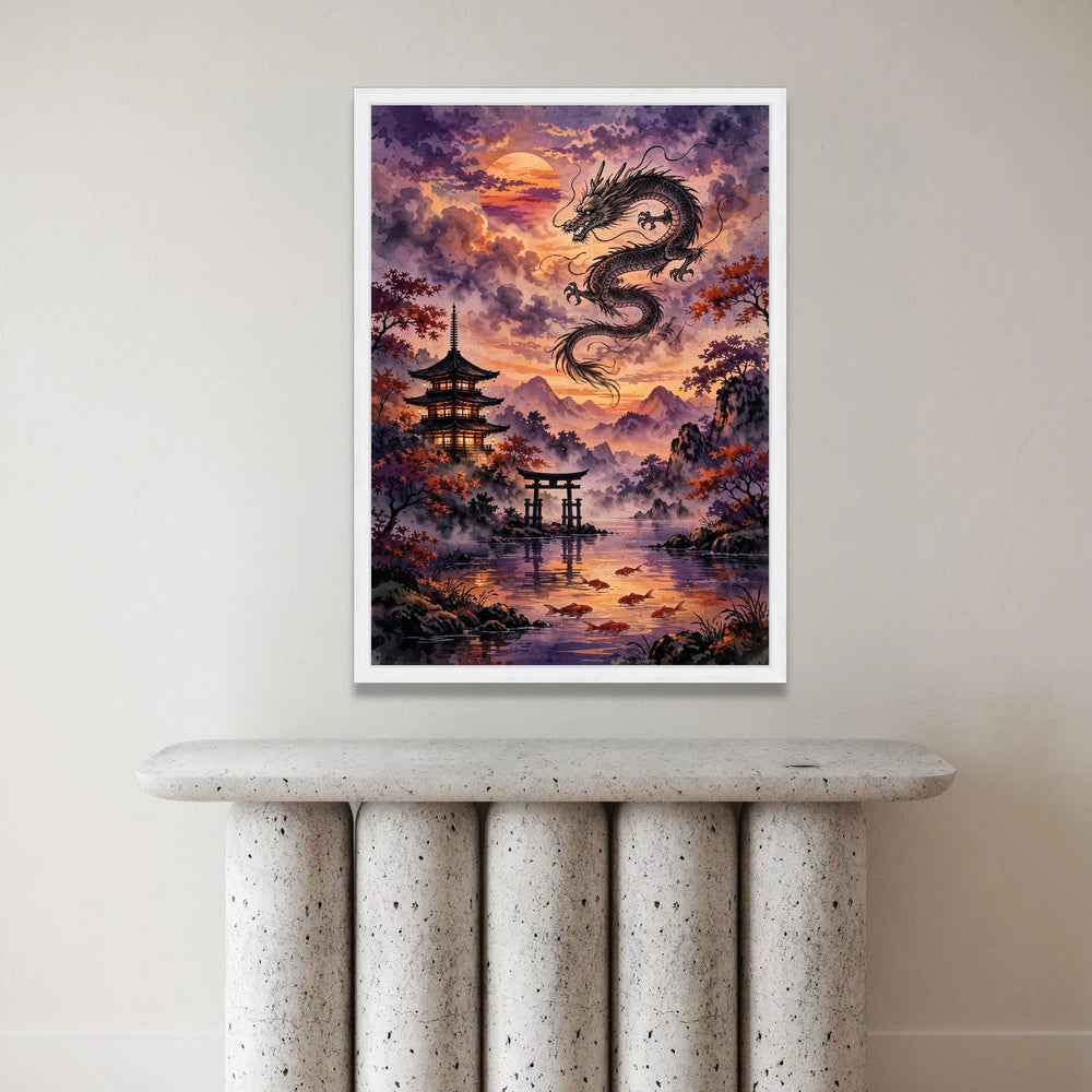 Majestic Dragon Sunset, Japanese Pagoda Canvas, Serene Koi Fish Lake, Asian Landscape Wall Art, Traditional Nature Scene Canvas Print Art