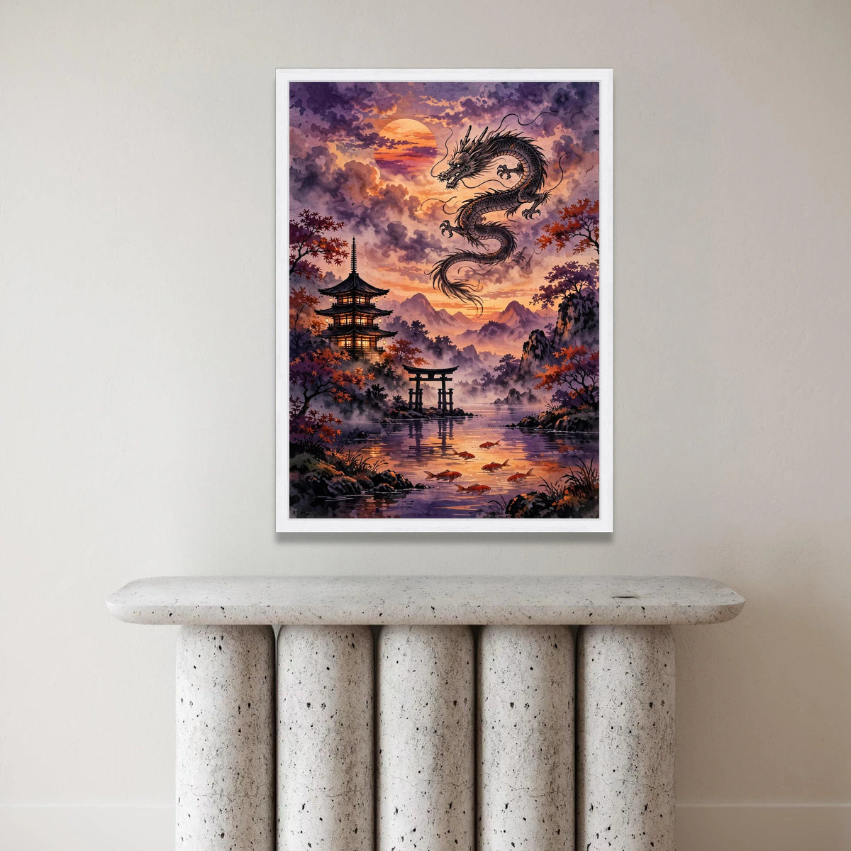 Majestic Dragon Sunset, Japanese Pagoda Canvas, Serene Koi Fish Lake, Asian Landscape Wall Art, Traditional Nature Scene Canvas Print Art