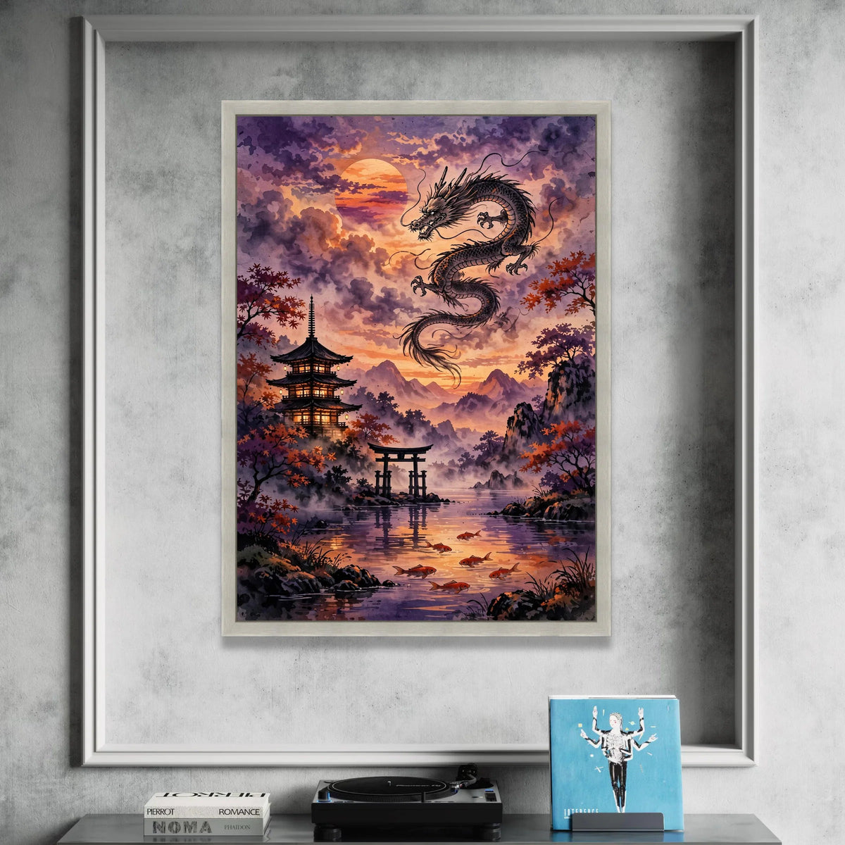 Majestic Dragon Sunset, Japanese Pagoda Canvas, Serene Koi Fish Lake, Asian Landscape Wall Art, Traditional Nature Scene Canvas Print Art