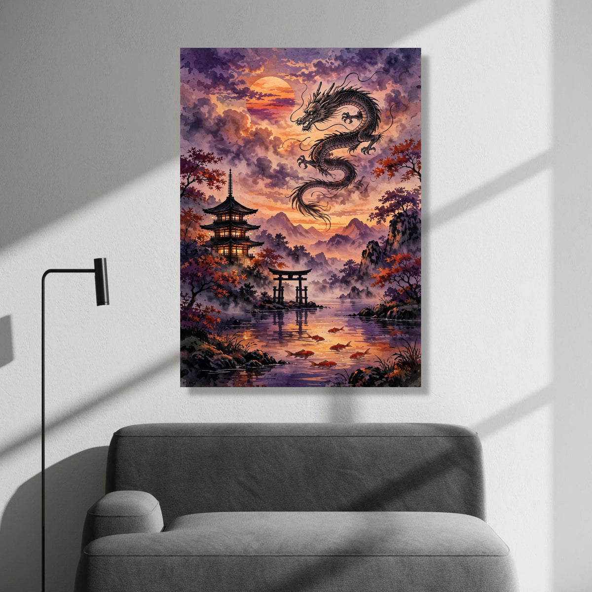 Majestic Dragon Sunset, Japanese Pagoda Canvas, Serene Koi Fish Lake, Asian Landscape Wall Art, Traditional Nature Scene Canvas Print Art
