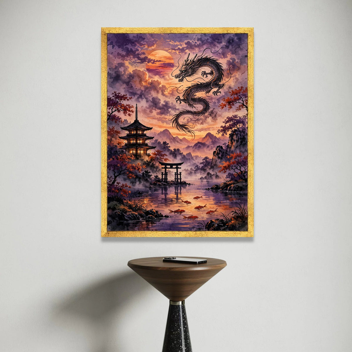 Majestic Dragon Sunset, Japanese Pagoda Canvas, Serene Koi Fish Lake, Asian Landscape Wall Art, Traditional Nature Scene Canvas Print Art