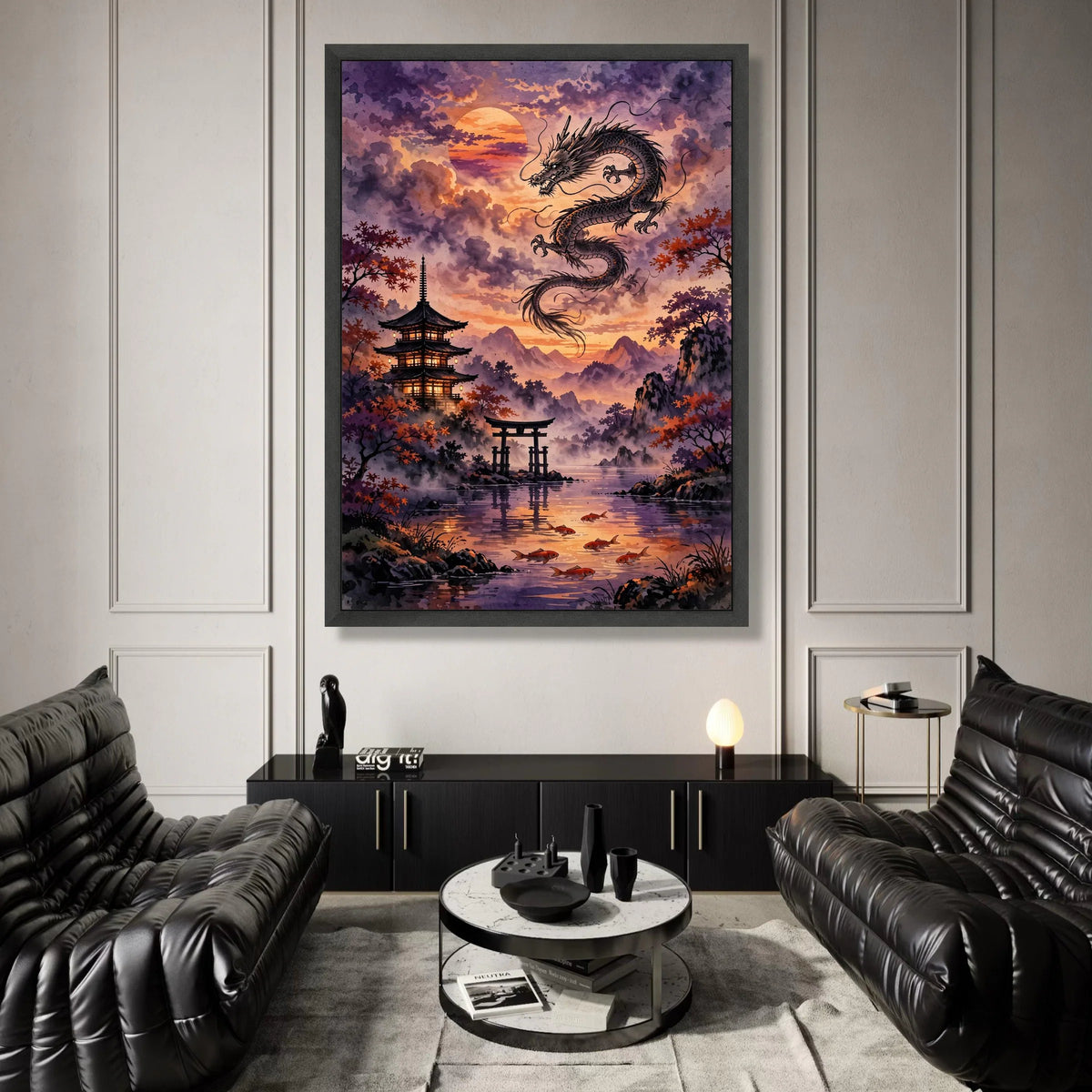 Majestic Dragon Sunset, Japanese Pagoda Canvas, Serene Koi Fish Lake, Asian Landscape Wall Art, Traditional Nature Scene Canvas Print Art