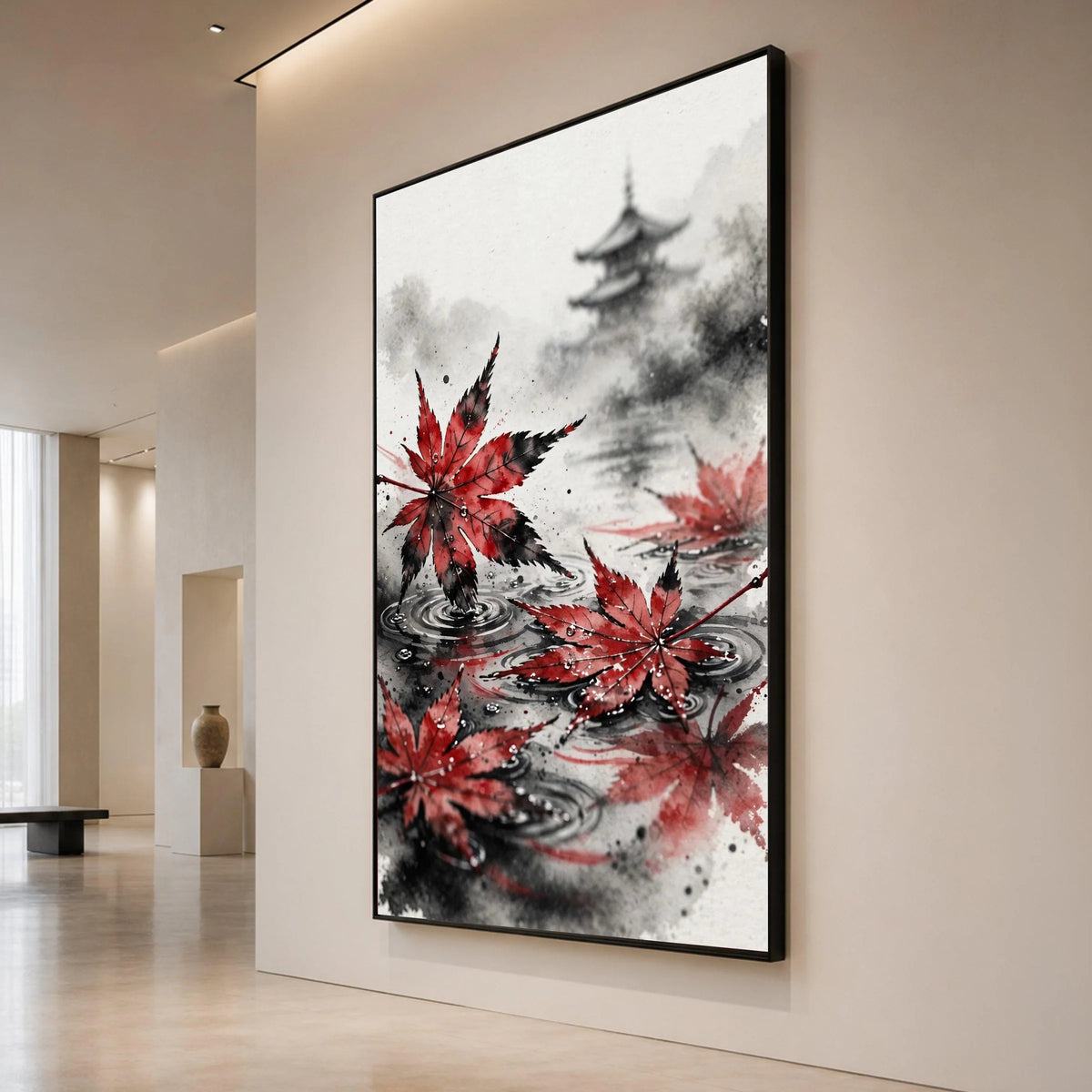 Japanese Maple Leaves Floating on Water Canvas, Zen Garden Wall Art, Asian Nature Scene, Tranquil Home Decoration Canvas Print Art