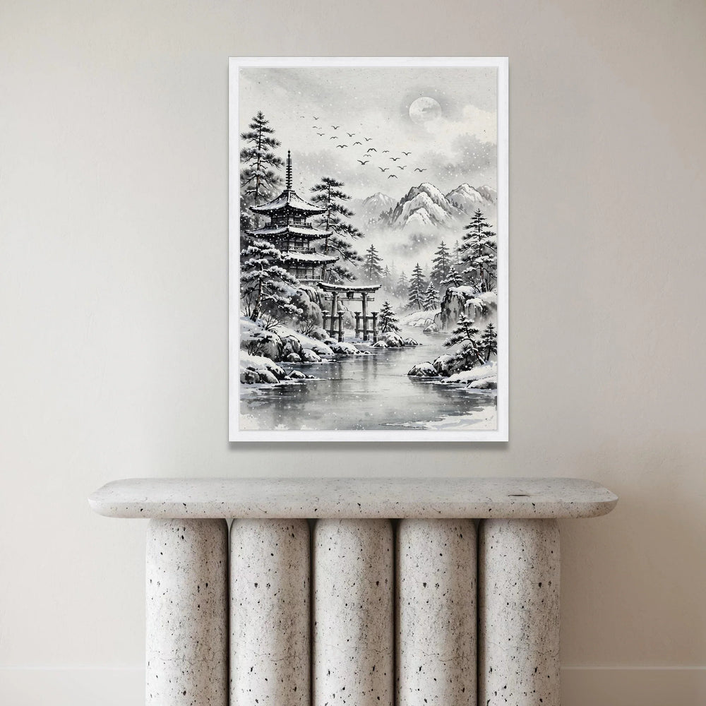 Serene Winter Landscape, Japanese Pagoda Canvas, Snowy Mountain Scene, Traditional Asian Art, Tranquil Nature Wall Art Canvas Print Art