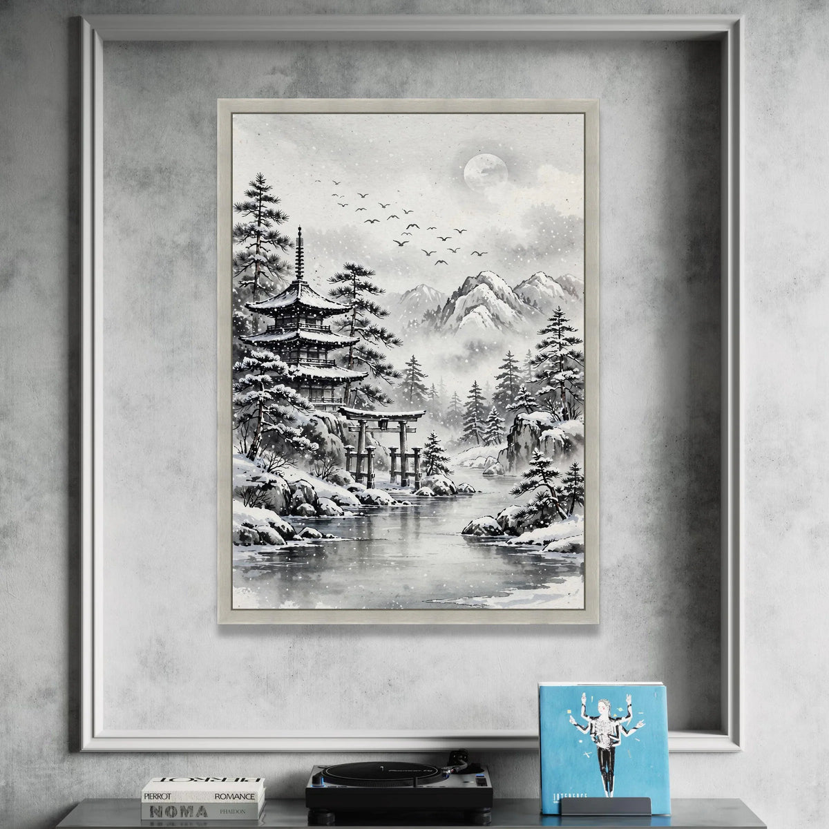 Serene Winter Landscape, Japanese Pagoda Canvas, Snowy Mountain Scene, Traditional Asian Art, Tranquil Nature Wall Art Canvas Print Art