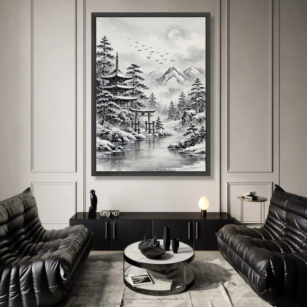 Serene Winter Landscape, Japanese Pagoda Canvas, Snowy Mountain Scene, Traditional Asian Art, Tranquil Nature Wall Art Canvas Print Art