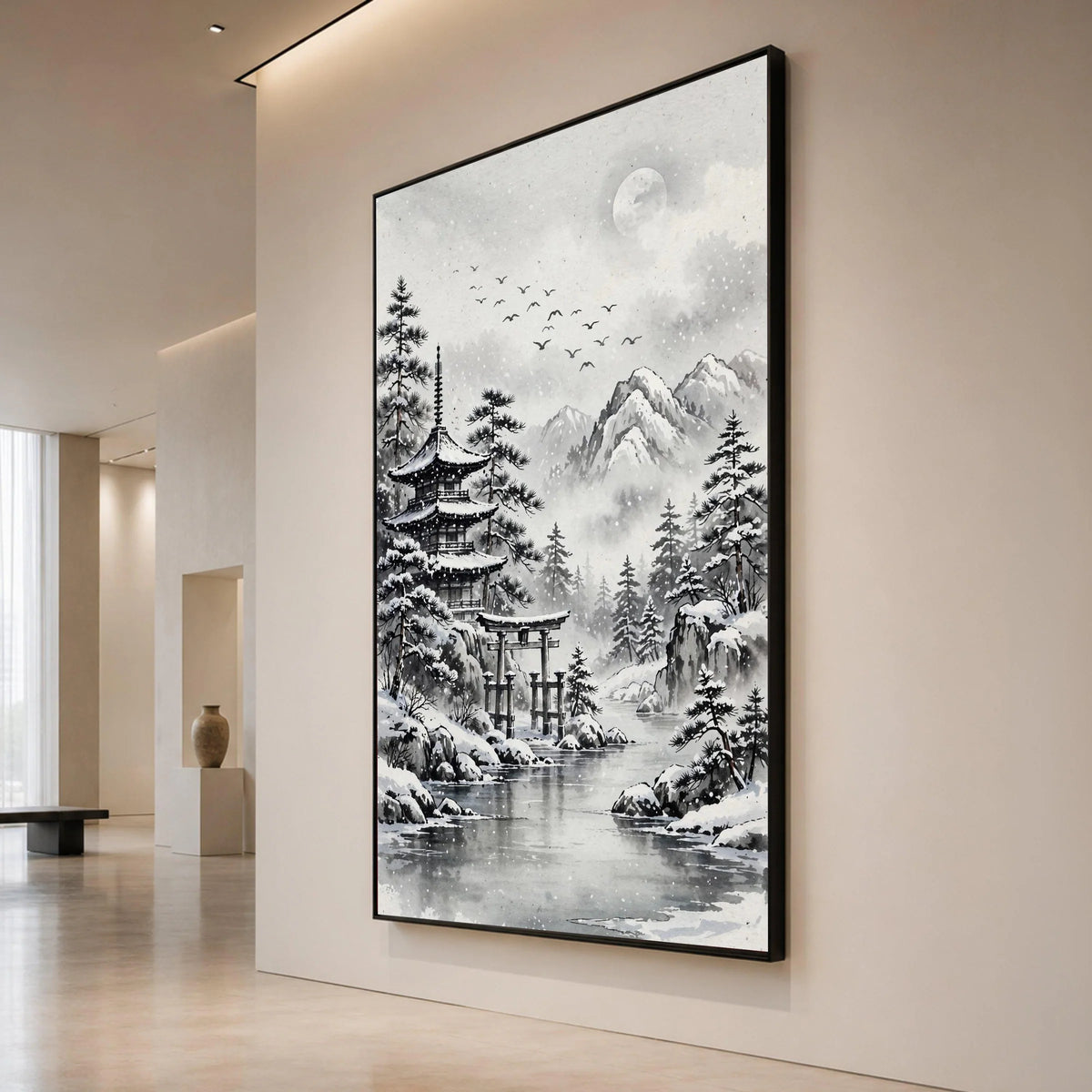 Serene Winter Landscape, Japanese Pagoda Canvas, Snowy Mountain Scene, Traditional Asian Art, Tranquil Nature Wall Art Canvas Print Art