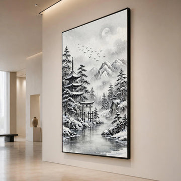 Serene Winter Landscape, Japanese Pagoda Canvas, Snowy Mountain Scene, Traditional Asian Art, Tranquil Nature Wall Art Canvas Print Art