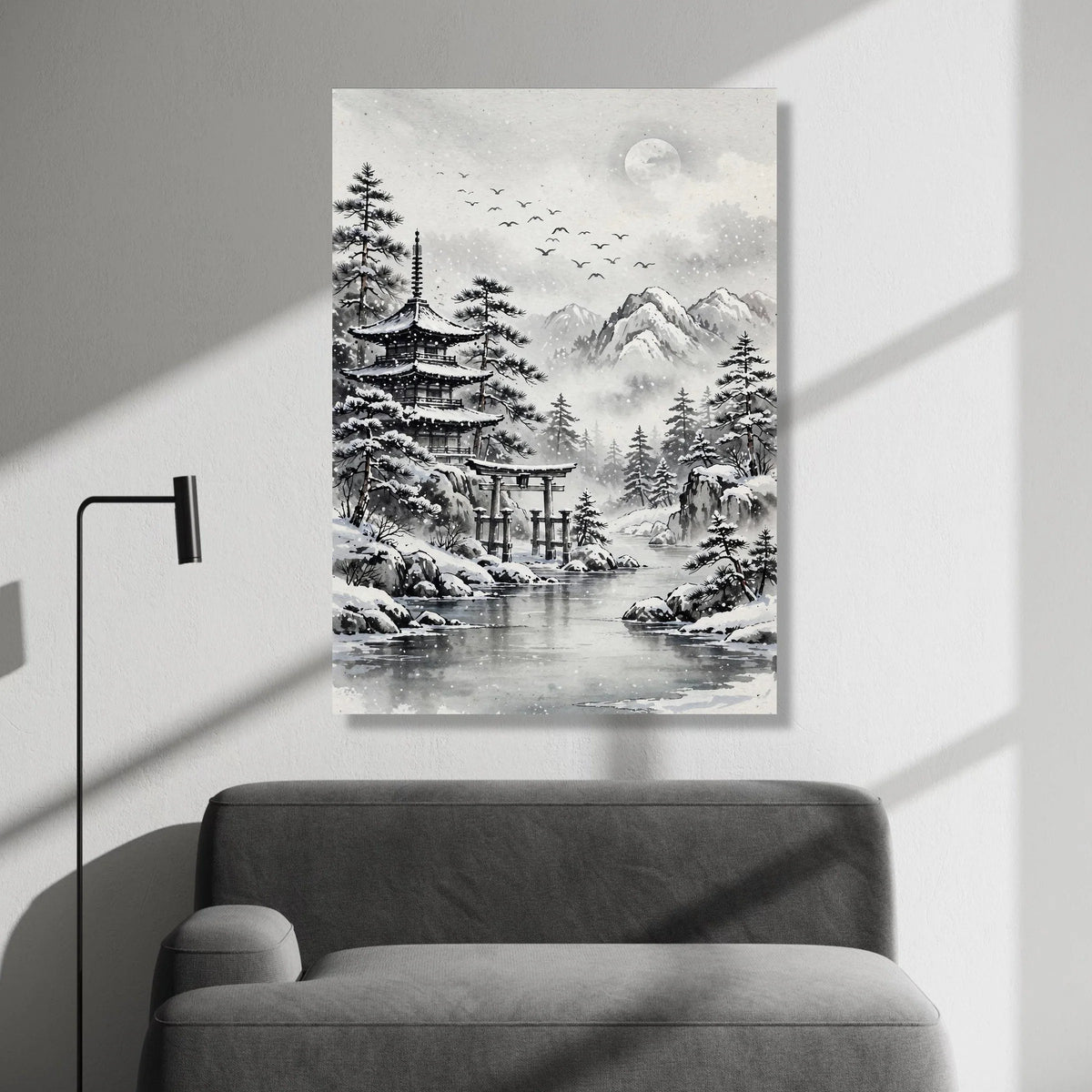 Serene Winter Landscape, Japanese Pagoda Canvas, Snowy Mountain Scene, Traditional Asian Art, Tranquil Nature Wall Art Canvas Print Art