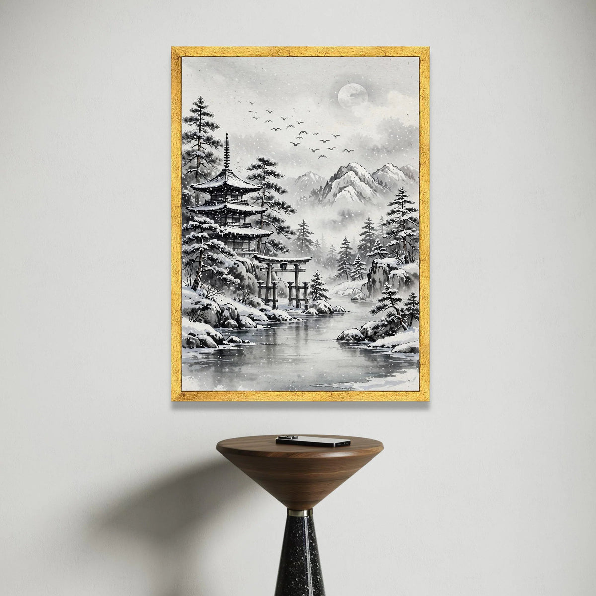Serene Winter Landscape, Japanese Pagoda Canvas, Snowy Mountain Scene, Traditional Asian Art, Tranquil Nature Wall Art Canvas Print Art